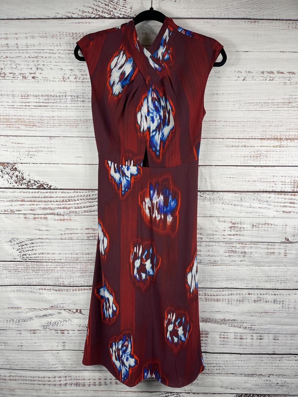 Scoop Dress Women's SZ XS Multicolor Floral Print V Neck Tie Waist Pleated Midi